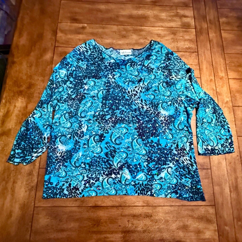 All Hours Women's XL Turquoise Leopard Paisley‎ Rhinestone Tunic Top 3/4 Sleeve